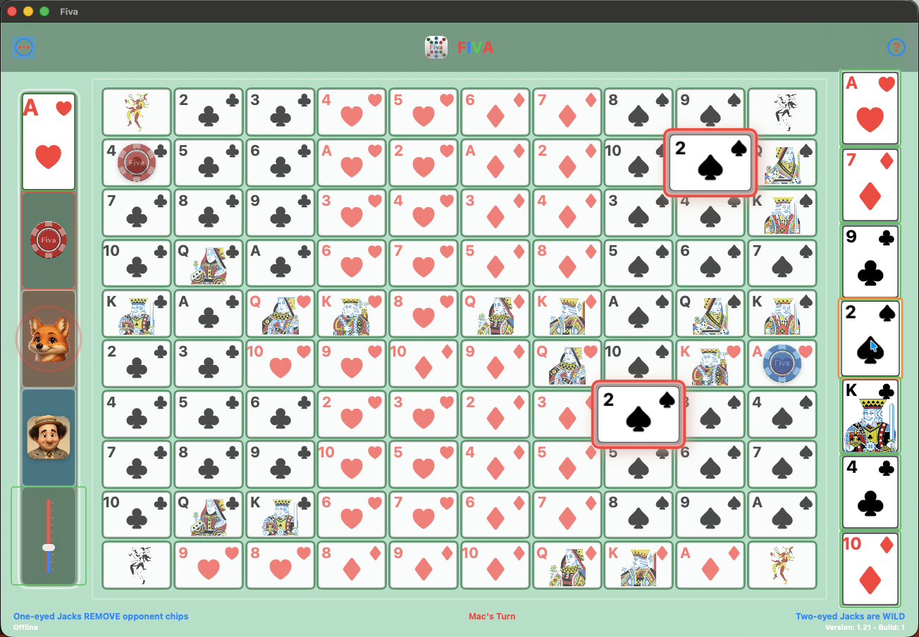 Fiva game board with player's hand